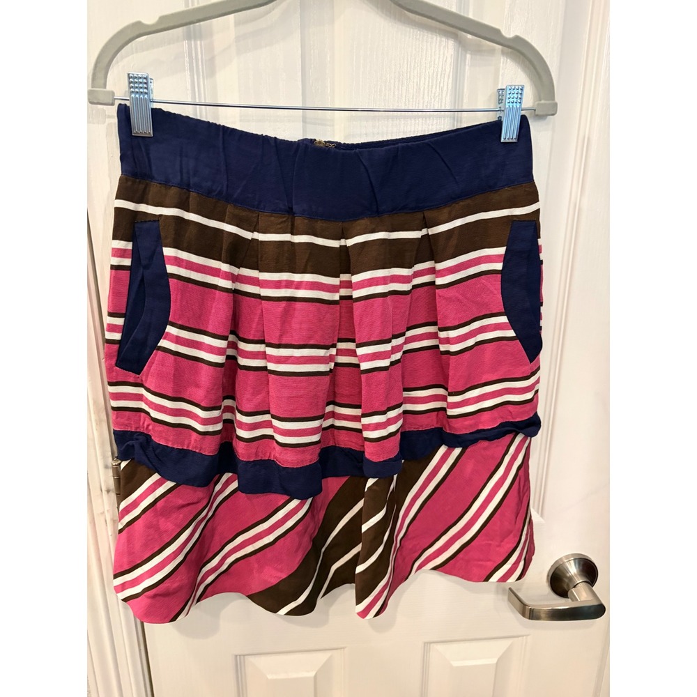 Maeve Skirt Pink Multi Color Striped Tiered Layered Mini Pockets Anthropologie 8